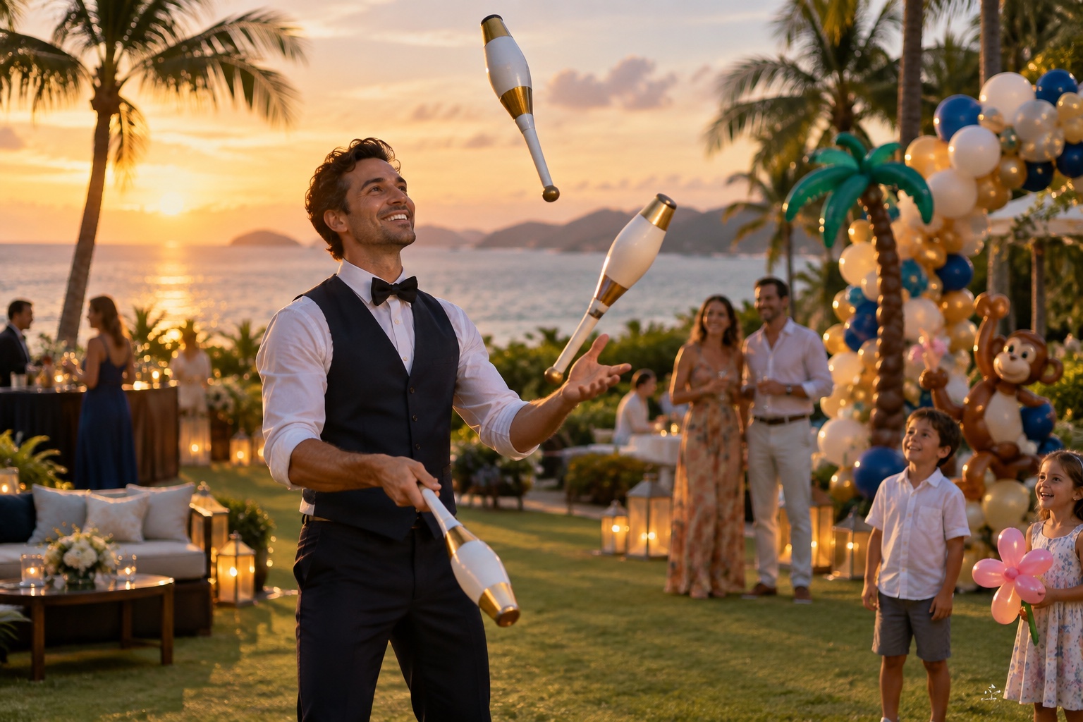 Concept of a juggler and balloon entertainment at a resort garden party