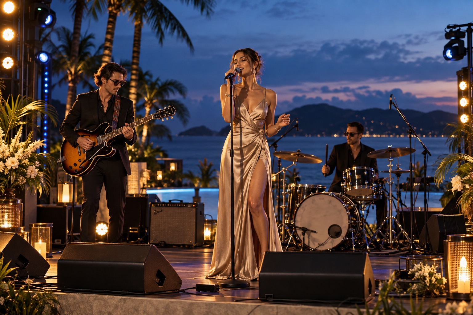 Concept of a live band with stage lighting at a resort celebration