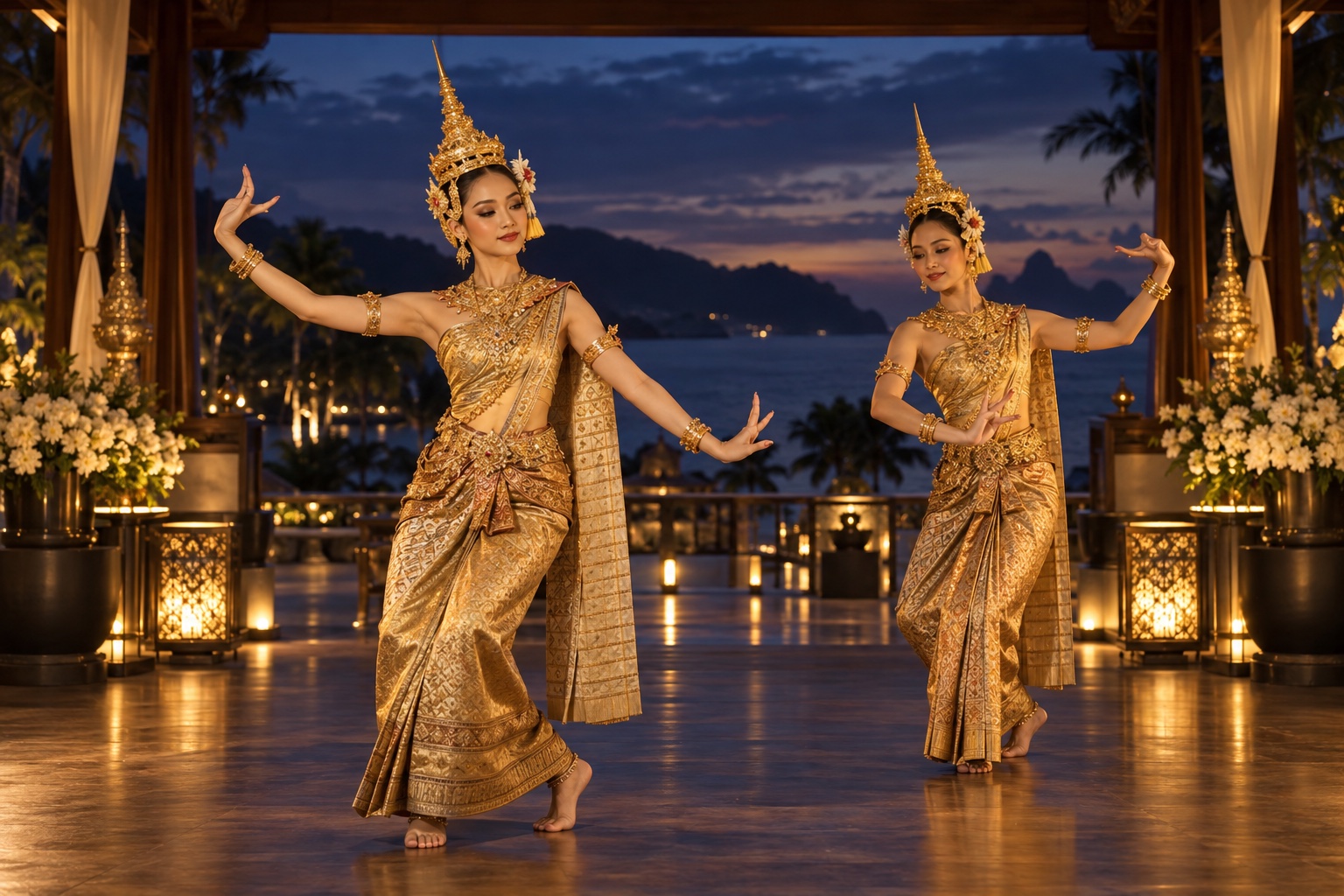 Concept of Thai classical dancers in gold costumes at an evening resort event